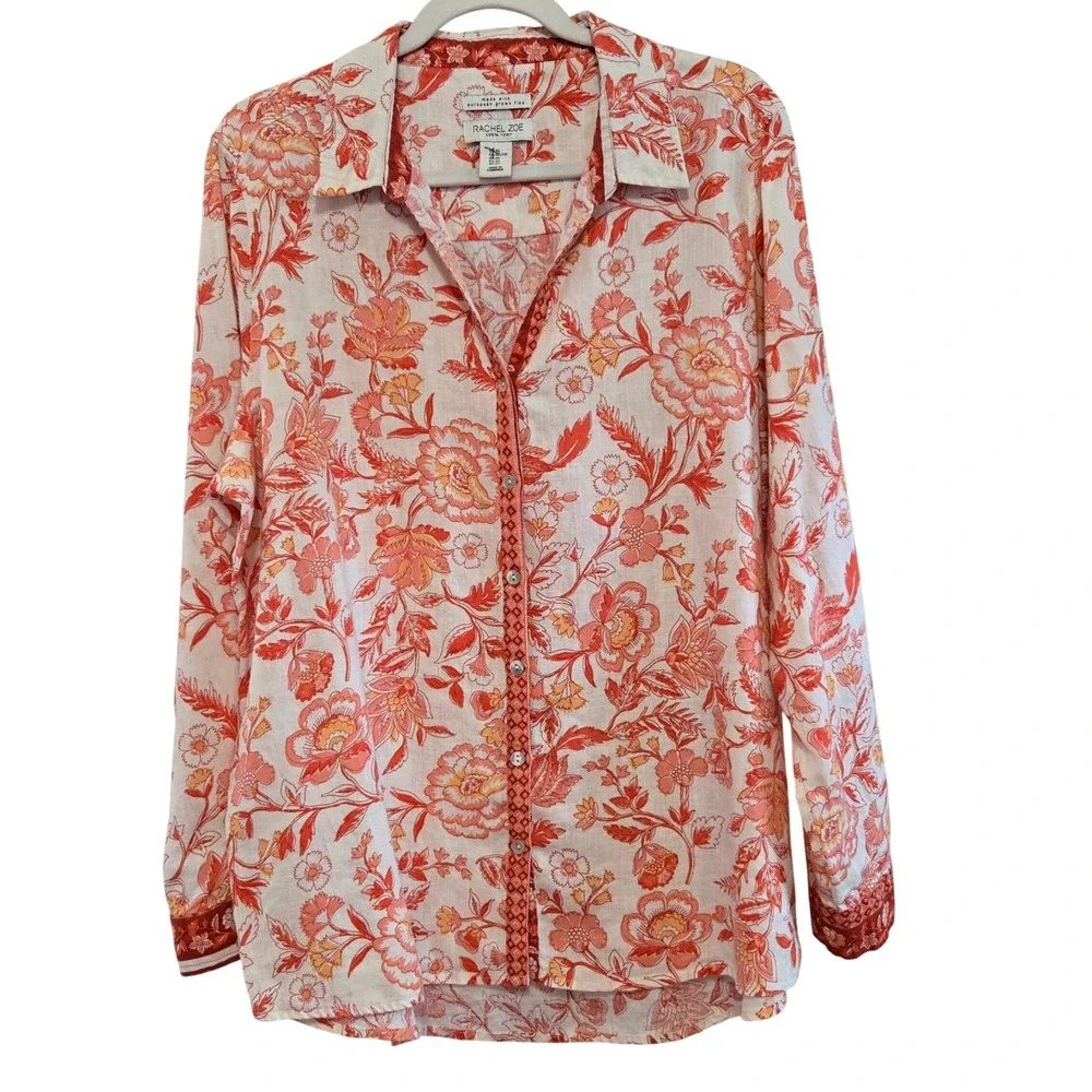 Rachel Zoe Womens XL Orange Floral 100% Linen Button Down Shirt European Flax - Picture 1 of 9